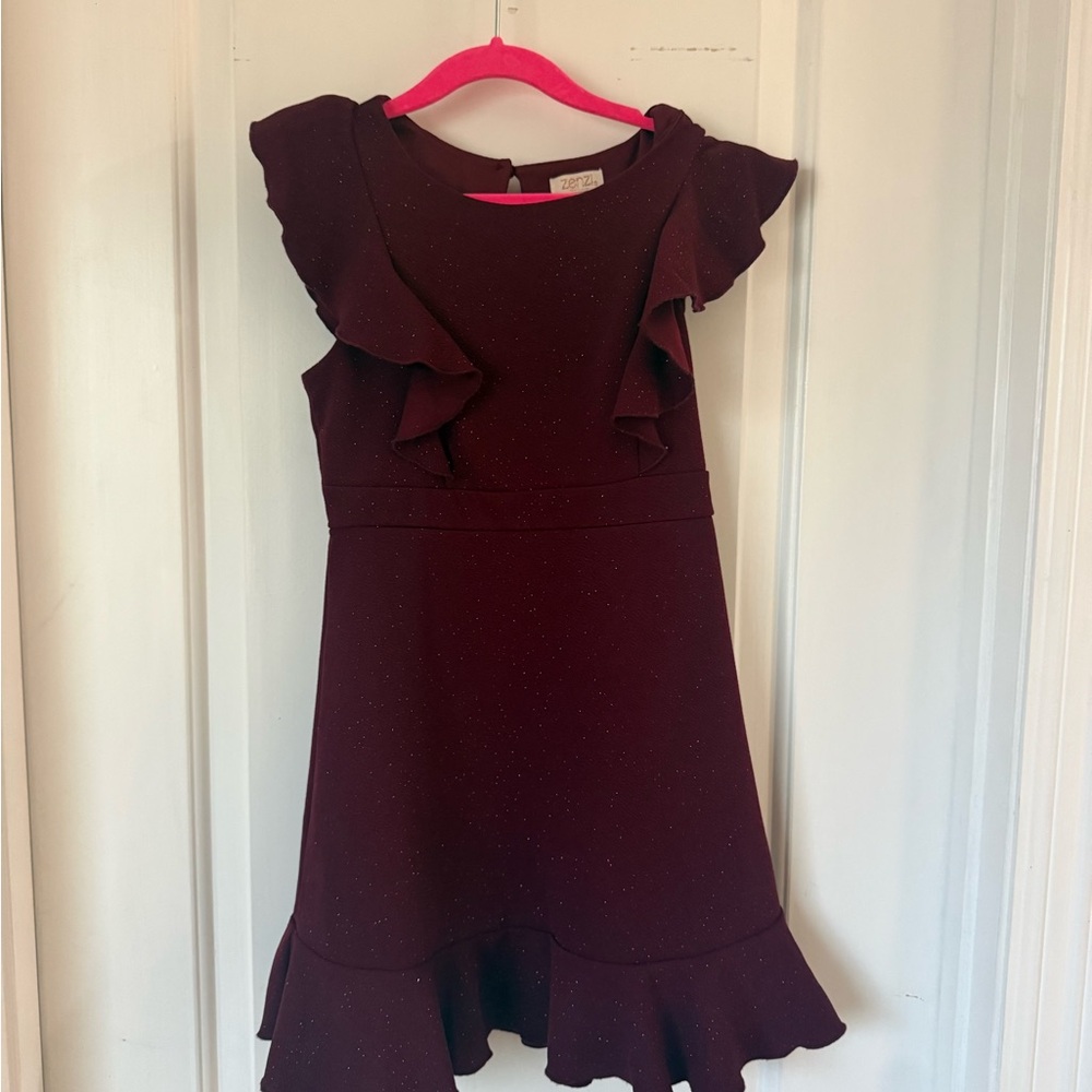 Burgundy Girls Ruffle Dress, youth medium
